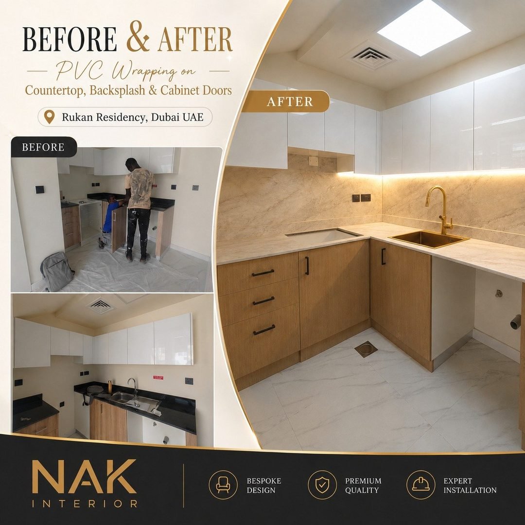 Kitchen PVC wrapping before and after - Rukan Residency, Dubai