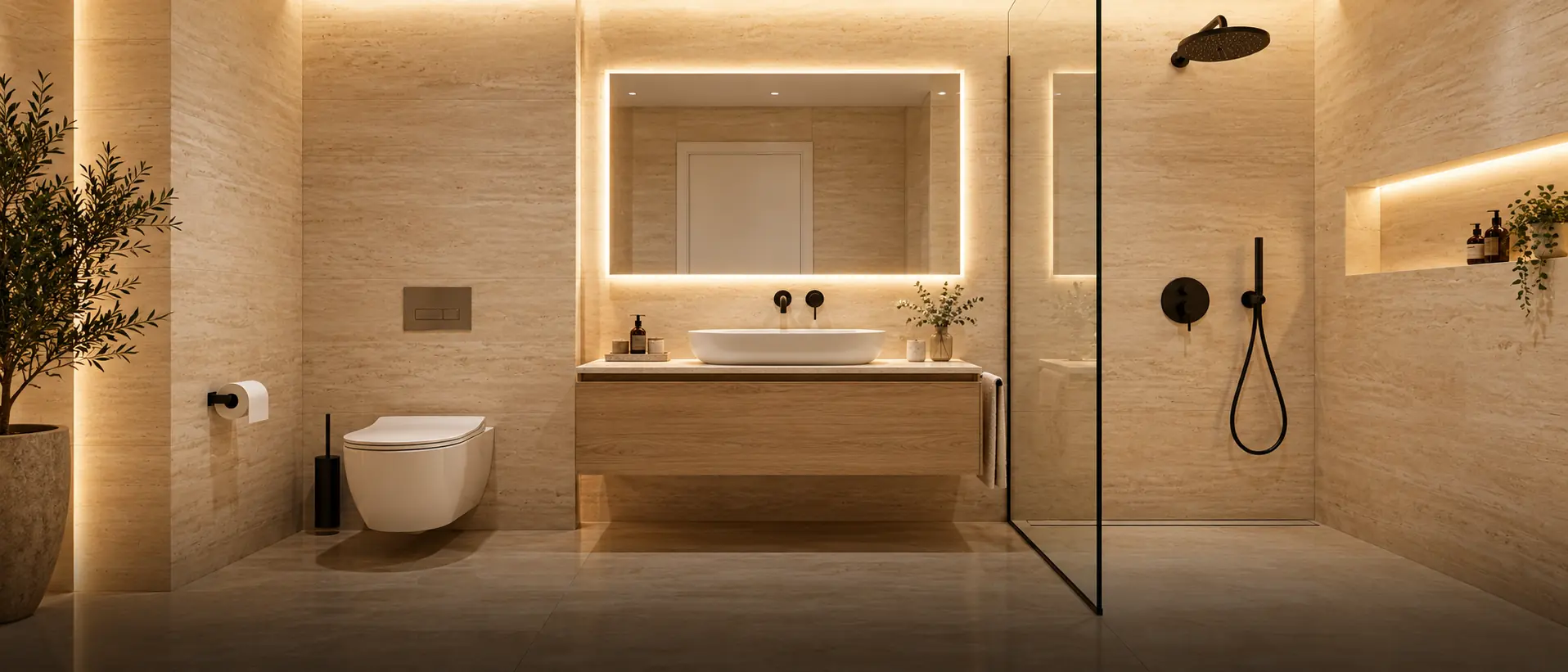 Bathroom design visualisation with custom vanity, shower and WC