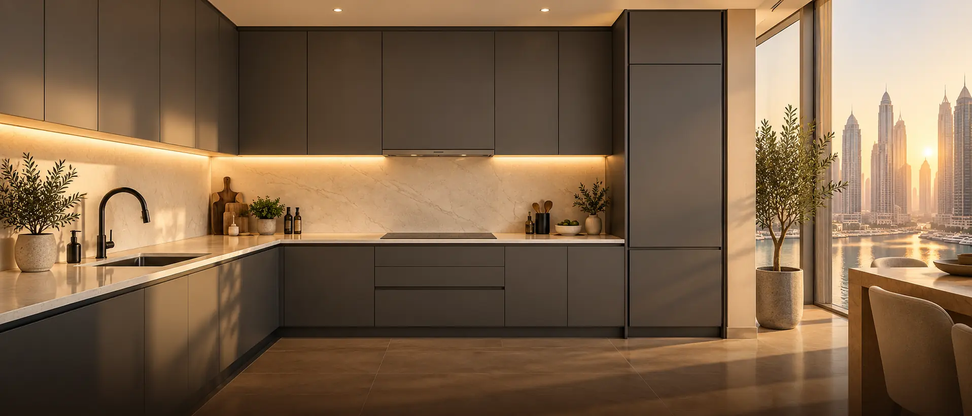Custom handleless kitchen design visualisation with graphite cabinets and stone worktop