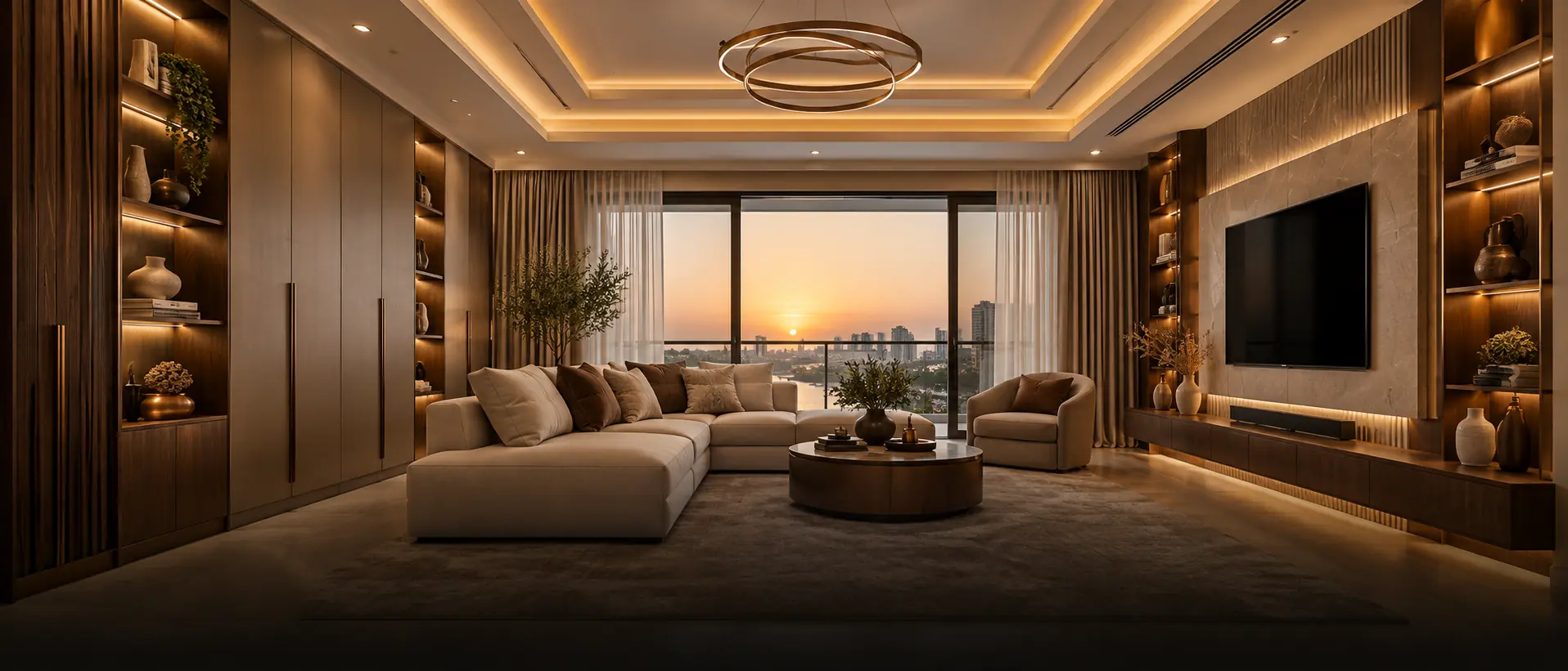 Living room design visualisation with custom joinery, TV wall and gypsum ceiling